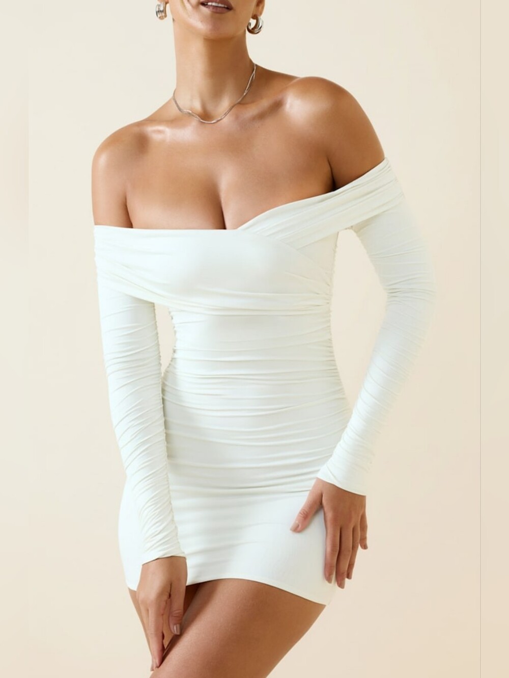 Oh Polly • Rosanna Off-Shoulder Ruched Bodycon Mini Dress in Vanilla Small
